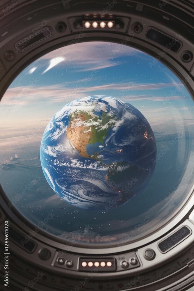 Cinematic medium shot of a ufo window revealing Earth from a distant perspective in a vibrant sky Cinematic medium shot of a ufo window revealing Earth from a distant perspective in a vibrant sky