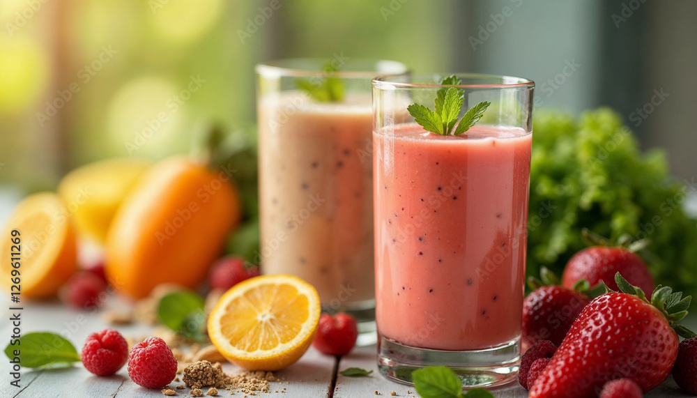 Smoothie close-up composition of fruits, vegetables and glass of detox drink Smoothie close-up composition of fruits, vegetables and glass of detox drink