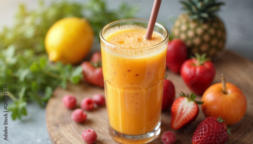 Smoothie close-up composition of fruits, vegetables and glass of detox drink Smoothie close-up composition of fruits, vegetables and glass of detox drink