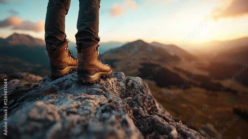 Solo traveler enjoys breathtaking view atop a rugged mountain during sunset Solo traveler enjoys breathtaking view atop a rugged mountain during sunset