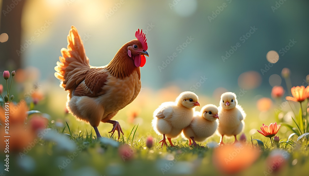 Hen with chickens in a rural yard. Chickens on the grass in the village against the background of photos of the sun. Organic poultry farm. Sustainable economy. Natural farming. Free-range chickens. Hen with chickens in a rural yard. Chickens on the grass in the village against the background of photos of the sun. Organic poultry farm. Sustainable economy. Natural farming. Free-range chickens.