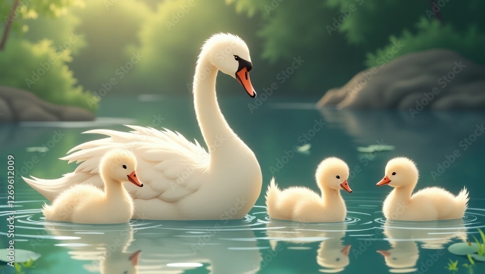 Obraz premium Mother swan gracefully swimming with her fluffy ducklings in a serene pond, vibrant and peaceful scene