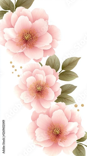 Pink peonies dreamy femininity gardening petal. A delicate arrangement of pink flowers with soft petals and green leaves, creating a serene and elegant floral design.
