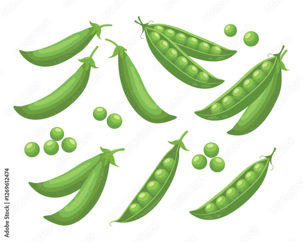 Set of green peas. Collection of green peas in pods on white background. Legumes, food illustration. Set of green peas. Collection of green peas in pods on white background. Legumes, food illustration.
