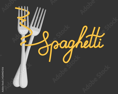 Spaghetti on fork and lettering spaghetti on dark background. Food illustration. Colorful design.