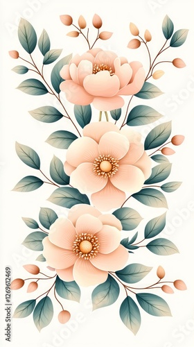 Pink peonies dreamy femininity gardening petal. A floral design featuring soft pink flowers and green leaves, arranged vertically with delicate buds, creating a fresh and elegant aesthetic.