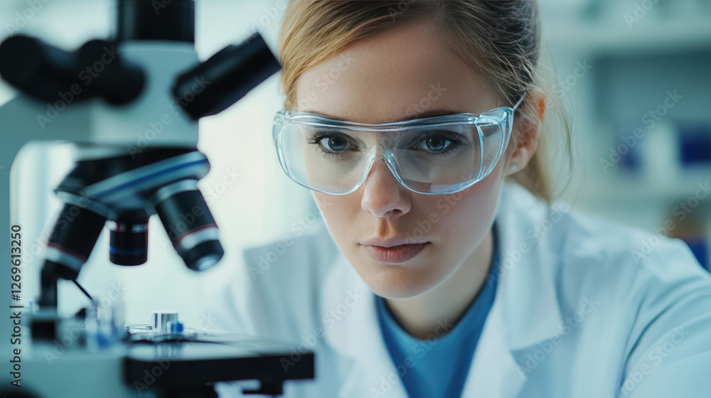 Scientist in lab using microscope to analyze samples with focus Scientist in lab using microscope to analyze samples with focus