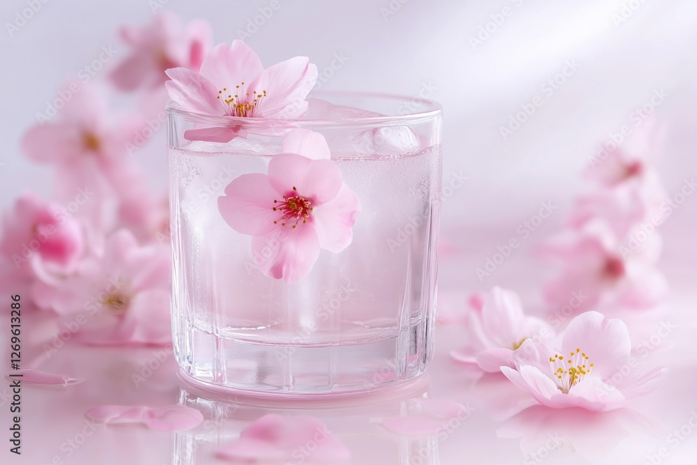 Crystal glass sakura cocktail with floating blossoms Crystal glass sakura cocktail with floating blossoms