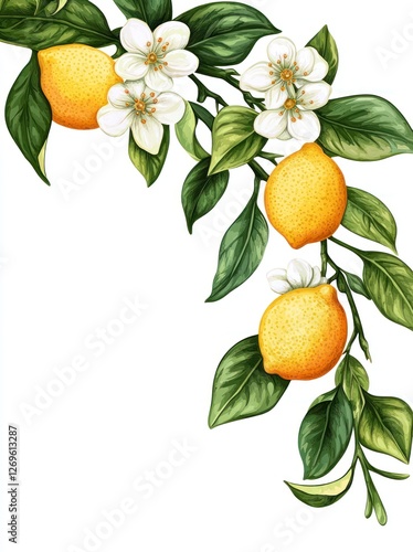 Fototapeta Naklejka Na Ścianę i Meble -  Lemon branch blossoms, corner design, white background, food recipe