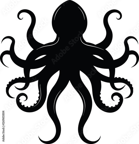 Minimalistic Black Silhouette Vector Illustration of an Octopus with Tentacles Spread, Abstract Marine Creature Design, Fluid Motion, Oceanic Art for Nature Lovers and Ocean Exploration.