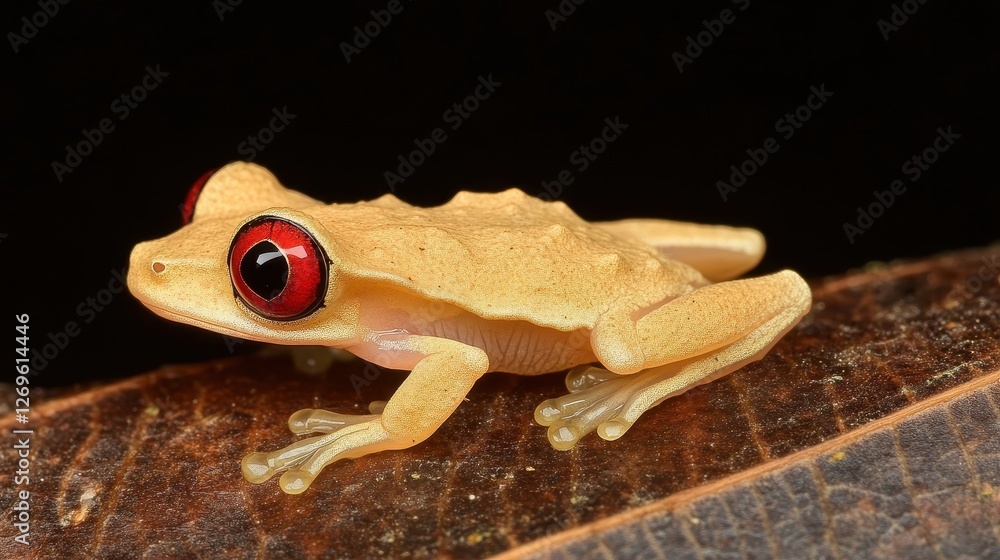 Obraz premium Tiny Tree Frog with Striking Red Eyes Clinging to a Leaf