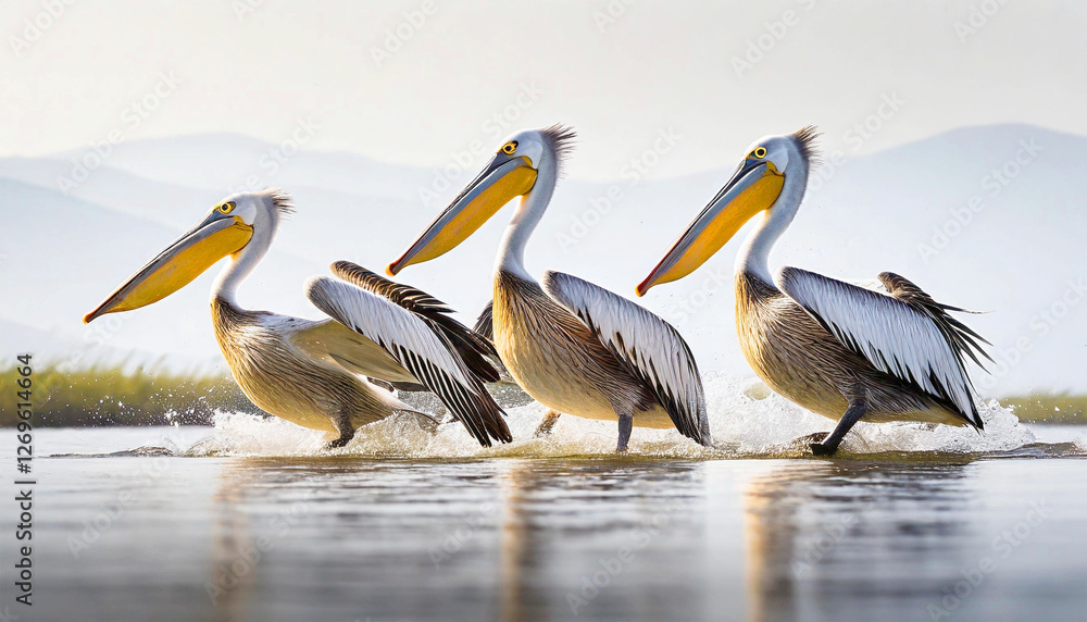 Pelican's (Pelecanus occidentalis) hunting in the river. AI Pelican's (Pelecanus occidentalis) hunting in the river. AI