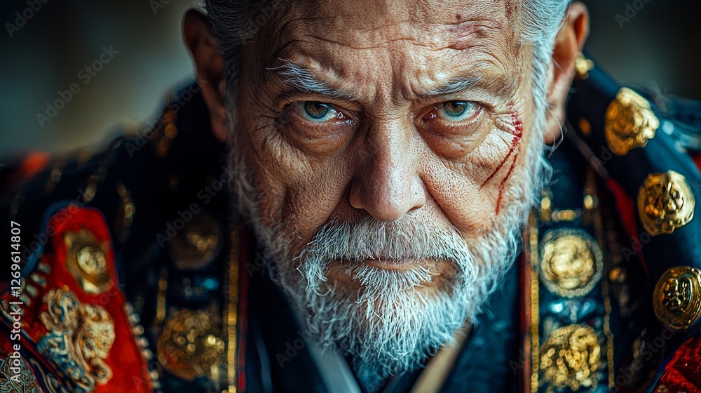 Samurai displays intricate armor and intense eyes filled determination. Subtle facial scars reveal history of battles while warm colors enhance atmosphere of honor and resilience. Samurai displays intricate armor and intense eyes filled determination. Subtle facial scars reveal history of battles while warm colors enhance atmosphere of honor and resilience.