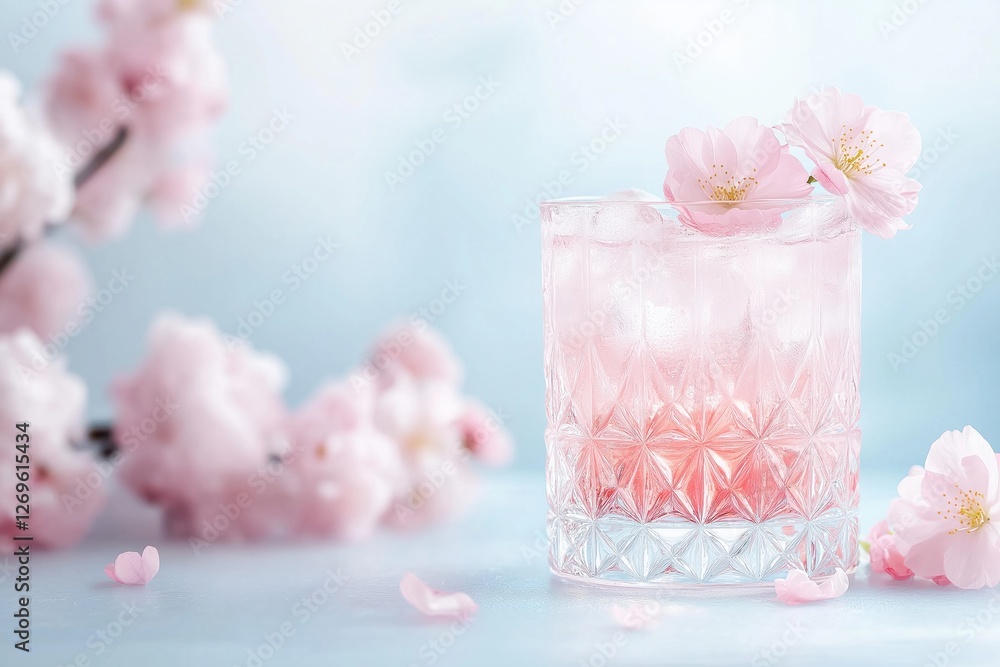 A pink-hued cocktail with ice cubes in a detailed crystal tumbler, garnished with cherry blossoms, placed on a pastel blue surface with blurred floral accents in the background A pink-hued cocktail with ice cubes in a detailed crystal tumbler, garnished with cherry blossoms, placed on a pastel blue surface with blurred floral accents in the background
