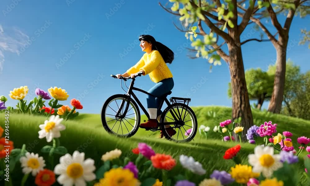 Woman in Yellow Riding Bicycle Through Colorful Flower Field Woman in Yellow Riding Bicycle Through Colorful Flower Field