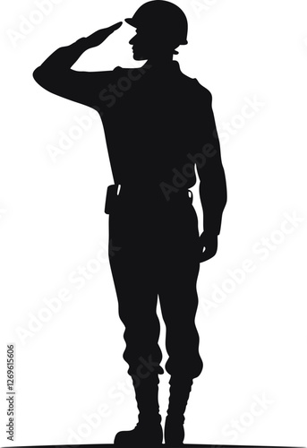 Minimalistic Black Silhouette Vector Illustration of a Soldier Saluting, Military Respect, Honor, Patriotism, Armed Forces, Tribute to Soldiers, National Pride, Service and Sacrifice.