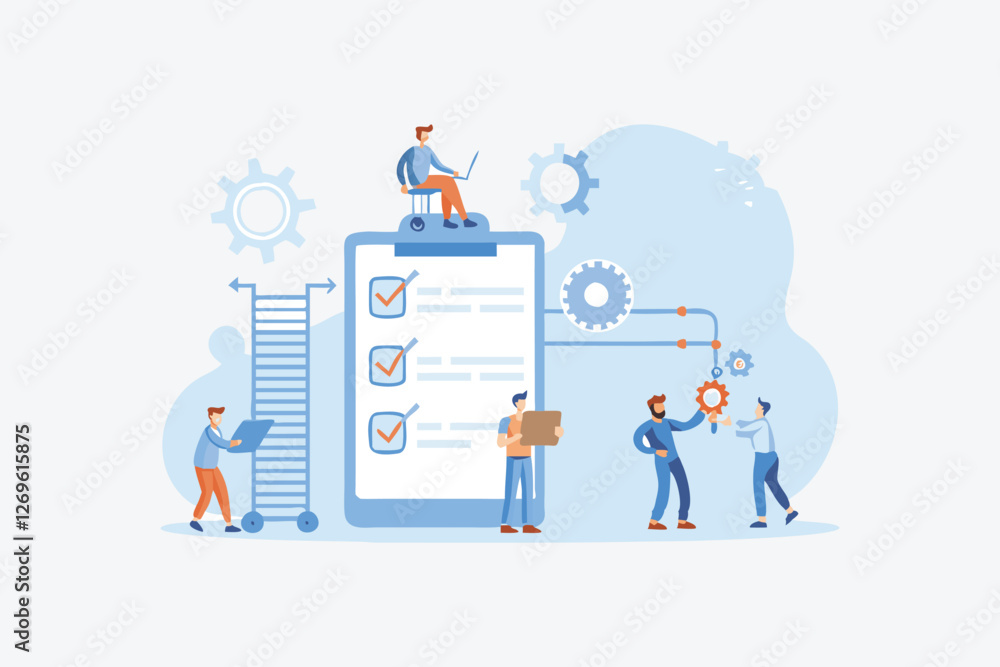 Workplace concept with standing women in front audience . Vector illustration flat design. Isolated on white background. Market analysis expert. Workplace concept with standing women in front audience . Vector illustration flat design. Isolated on white background. Market analysis expert.