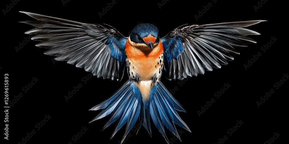 Obraz premium A vibrant swallow soars with outstretched wings, showcasing its stunning plumage against a dark backdrop, symbolizing freedom and the essence of spring