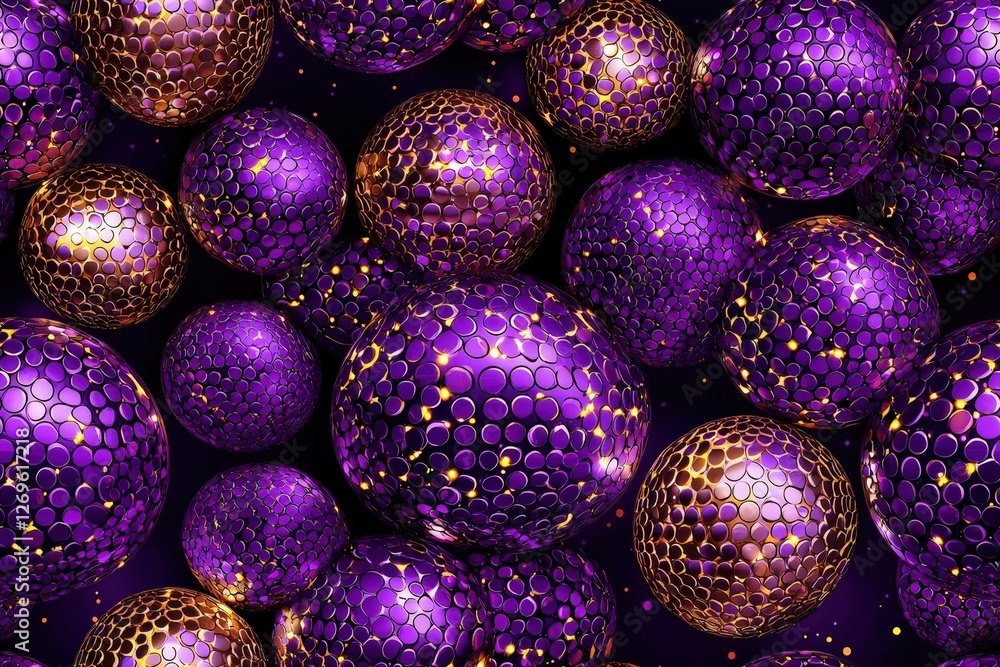 Disco balls in purple and gold lighting seamless texture map pattern background Disco balls in purple and gold lighting seamless texture map pattern background