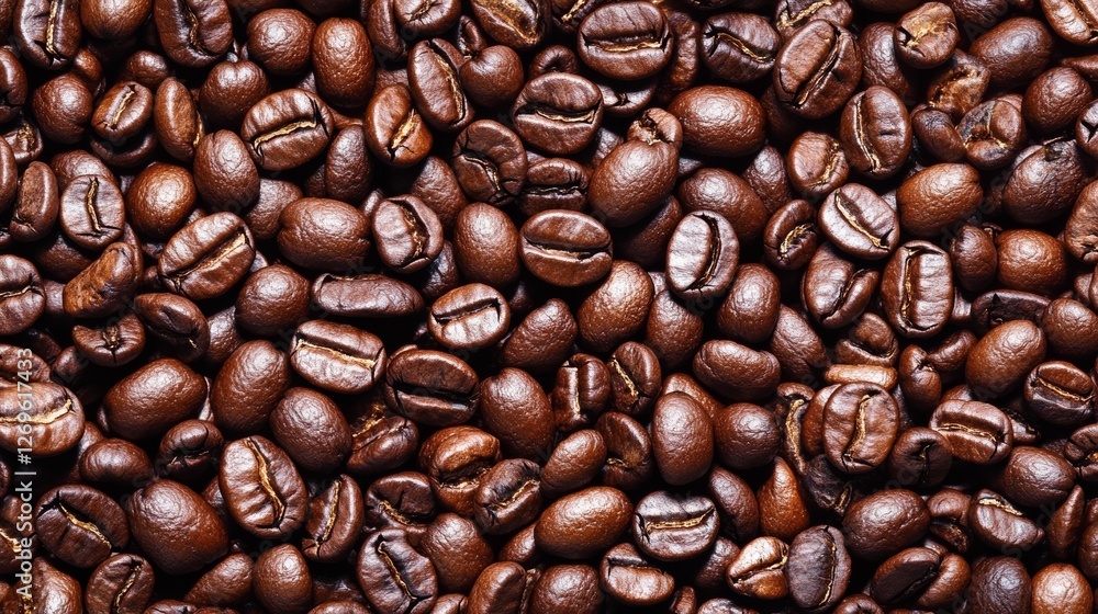 Fototapeta premium A high-resolution close-up of rich, aromatic coffee beans, showcasing their deep brown color and glossy texture. Perfect for coffee lovers and enthusiasts, this image highlights the essence of freshly