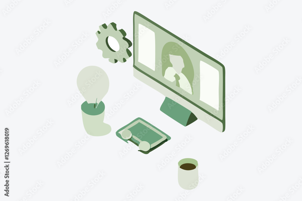 Workplace concept with standing women in front audience . Vector illustration flat design. Isolated on white background. Market analysis expert. Workplace concept with standing women in front audience . Vector illustration flat design. Isolated on white background. Market analysis expert.