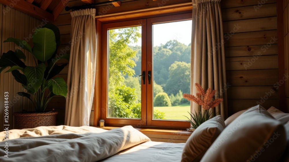 Fototapeta premium Open casement window, Cozy room open wooden casement window garden view.