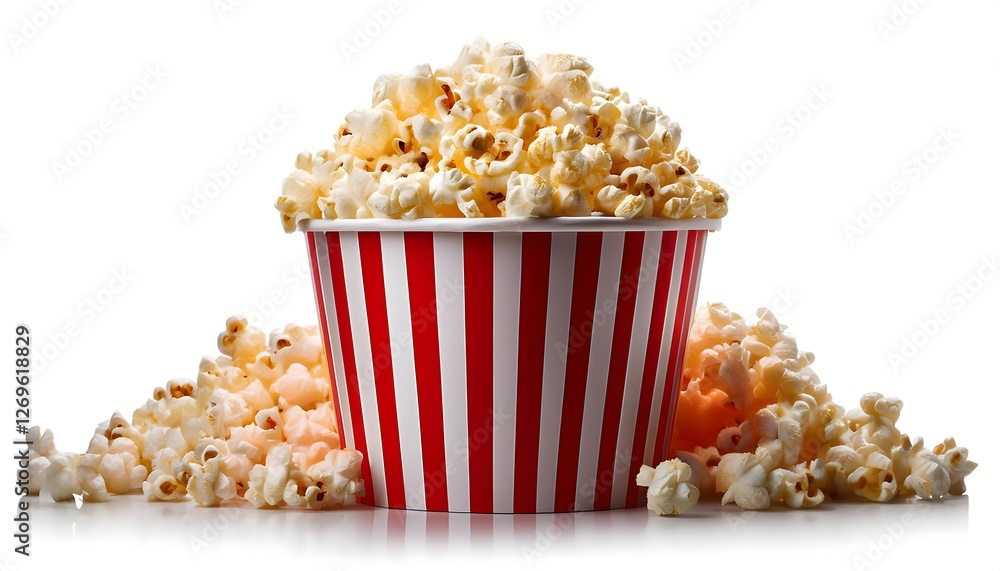 Red and white paper bucket filled with popcorn isolated on white background for movie night or snack time concepts Red and white paper bucket filled with popcorn isolated on white background for movie night or snack time concepts