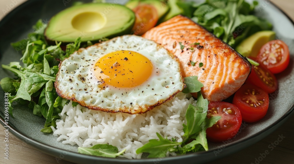 Salmon Plate with Rice and Avocado Salmon Plate with Rice and Avocado