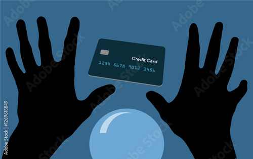 Hands wave over a crystal ball as a credit card from the future hovers in the air in a 3-d illustration.