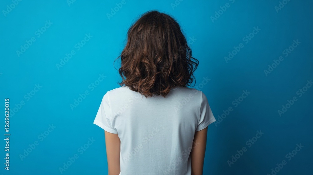 Back of a blank white t-shirt against a solid blue background, minimal design Back of a blank white t-shirt against a solid blue background, minimal design