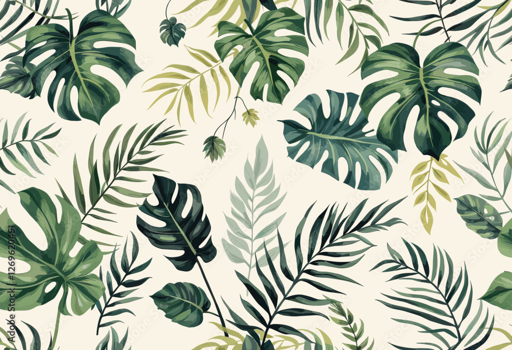 Fototapeta premium Various tropical leaves and plants, including palm leaves, ferns, and other foliage, arranged in a repeating design. Vector patterns, random pattern