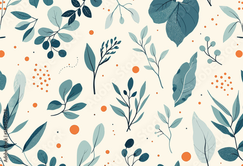 Various stylized leaves and branches in shades of green, blue, and orange, scattered across a light beige background. Vector patterns, random pattern