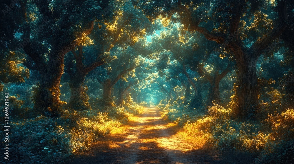 Fototapeta premium Enchanted forest path illuminated by soft golden light through lush greenery.