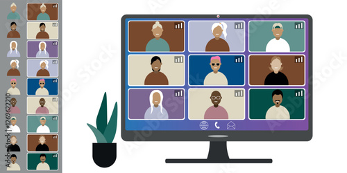 Video call conference, working from home. Colleagues of different nationalities and ages talk to each other on computer screen. Isolated illustration on white background in flat style trendy colors