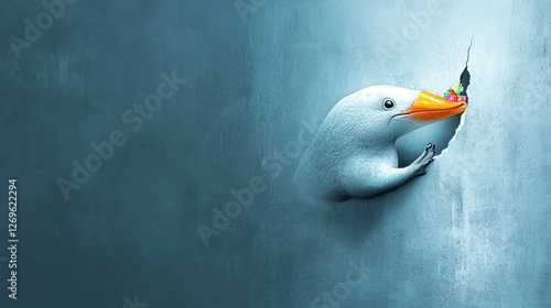 Platypus breaking through wall, holding colorful object. photo