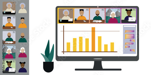Video call conference, working from home. Colleagues of different nationalities and ages talk to each other on computer screen. Isolated illustration on white background in flat style trendy colors