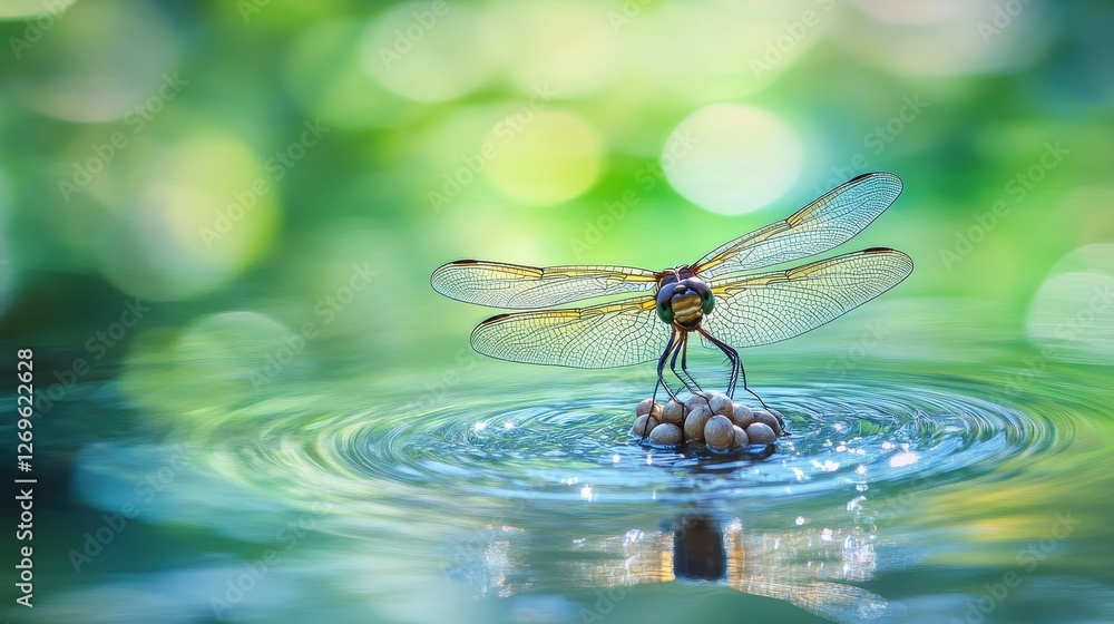 Dragonfly Laying Eggs on the Surface of a Calm Pond Water Dragonfly Laying Eggs on the Surface of a Calm Pond Water