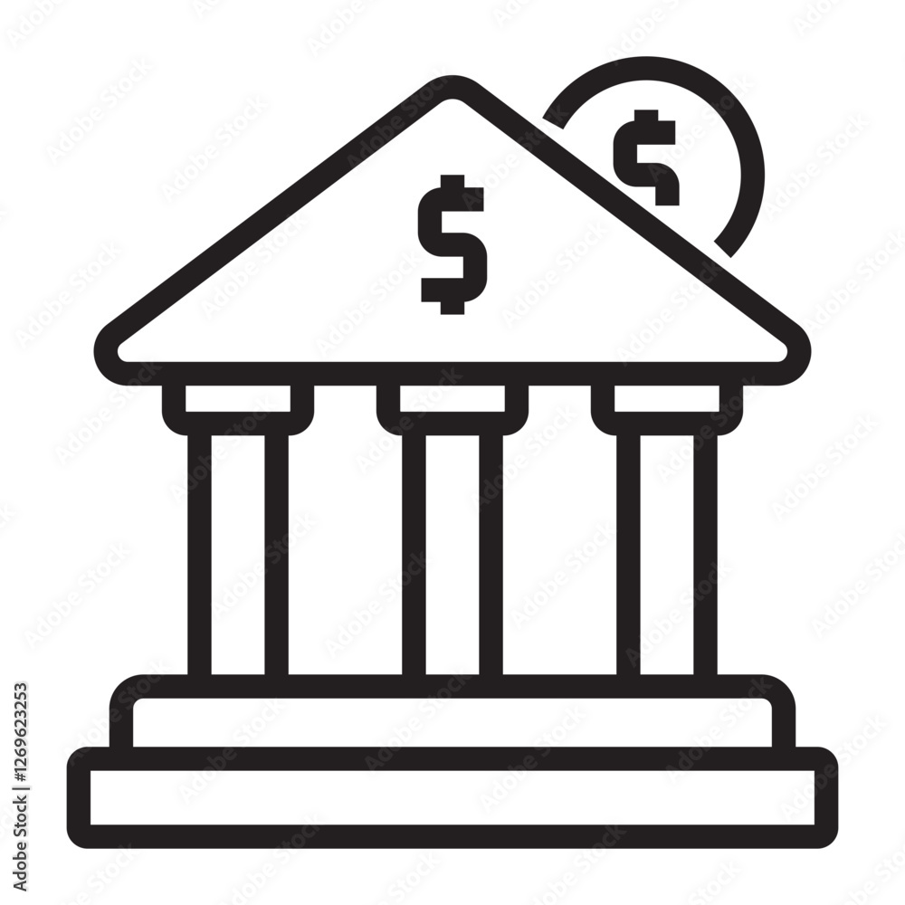 Bank icon with dollar sign, financial institution symbol, black and white vector illustration isolated on white background. Bank icon with dollar sign, financial institution symbol, black and white vector illustration isolated on white background.