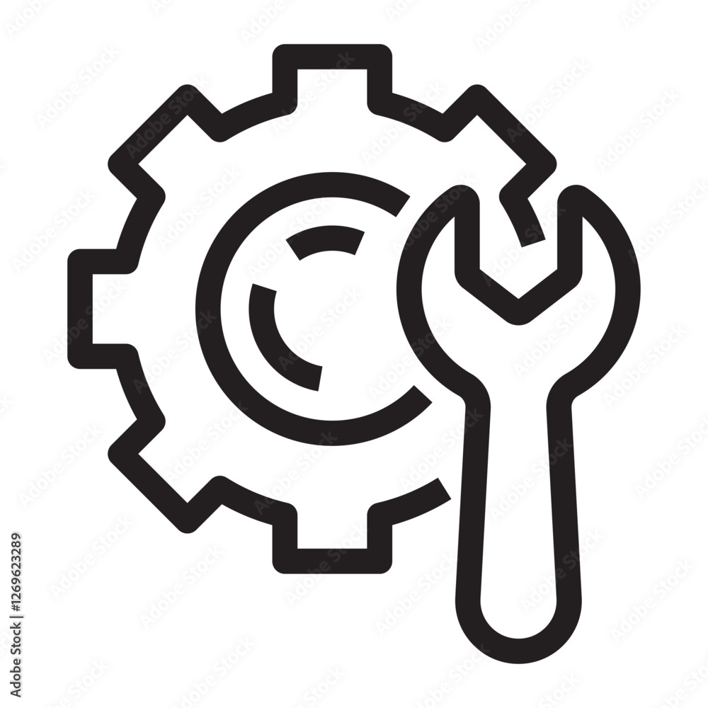 Wrench and gear icon, maintenance and repair symbol, black and white vector illustration isolated on white background. Wrench and gear icon, maintenance and repair symbol, black and white vector illustration isolated on white background.