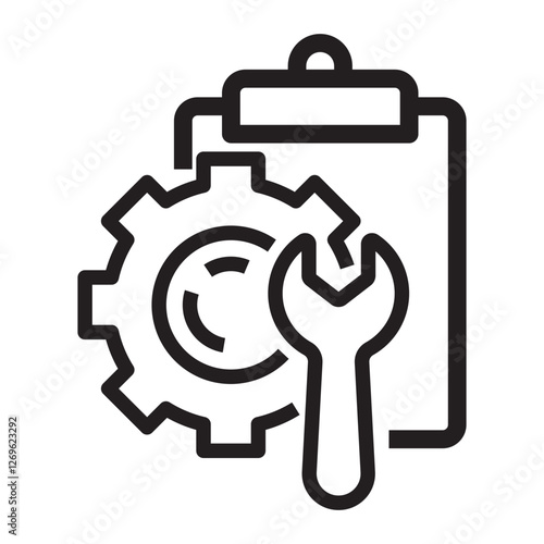 Clipboard with wrench, gear, and maintenance icon, repair and work management symbol, black and white vector illustration isolated on white background.