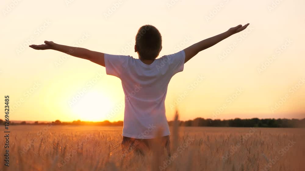 Joyful male teen kid enjoy freedom with open hands at sunset sunrise autumn wheat field sky forest horizon. Happy boy teenager child silhouette relaxing alone at natural rye meadow cinematic dawn dusk Joyful male teen kid enjoy freedom with open hands at sunset sunrise autumn wheat field sky forest horizon. Happy boy teenager child silhouette relaxing alone at natural rye meadow cinematic dawn dusk