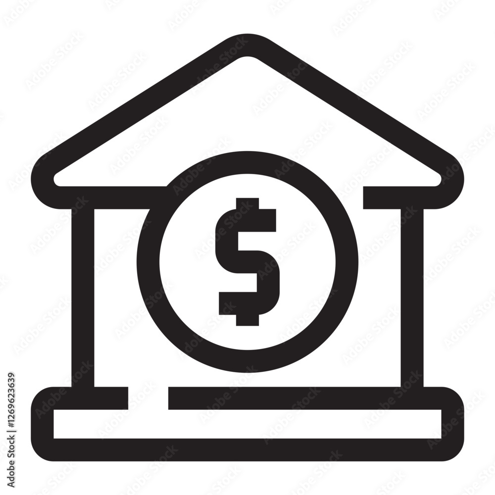 Bank outline icon, financial institution symbol with dollar sign, black and white vector illustration isolated on white background. Bank outline icon, financial institution symbol with dollar sign, black and white vector illustration isolated on white background.