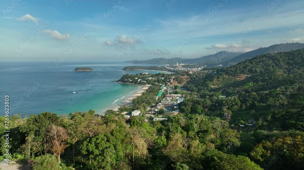 Aerial view drone flying through coconut palm trees to the sea at sunrise Aerial view drone flying through coconut palm trees to the sea at sunrise