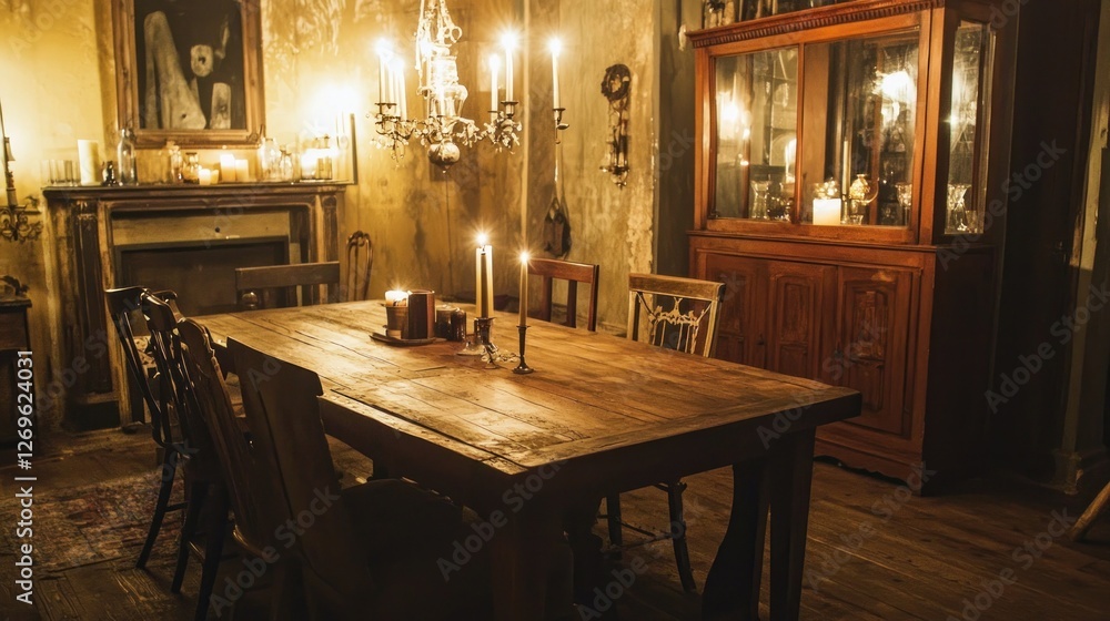 Antique dining room with candlelight, rustic table, and vintage furniture. Antique dining room with candlelight, rustic table, and vintage furniture.