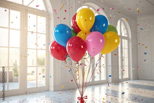 Colorful Balloons in Bright Room with Confetti for Celebrations