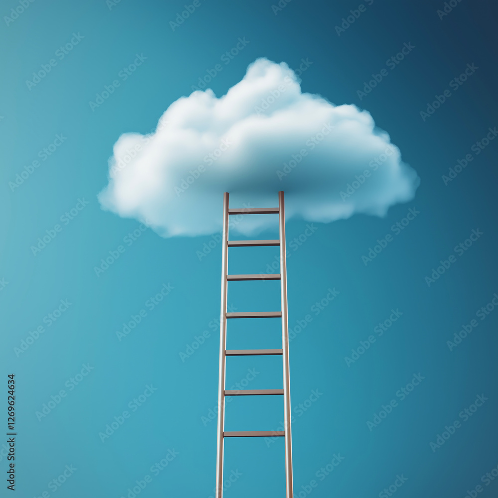 Wooden ladder reaching a fluffy white cloud against a teal backdrop, symbolizing ambition, achievement, and the pursuit of dreams Wooden ladder reaching a fluffy white cloud against a teal backdrop, symbolizing ambition, achievement, and the pursuit of dreams