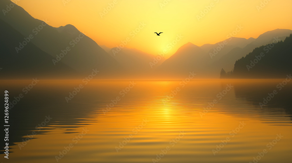 Naklejka premium Golden sunrise over a misty lake with birds flying and mountain silhouettes