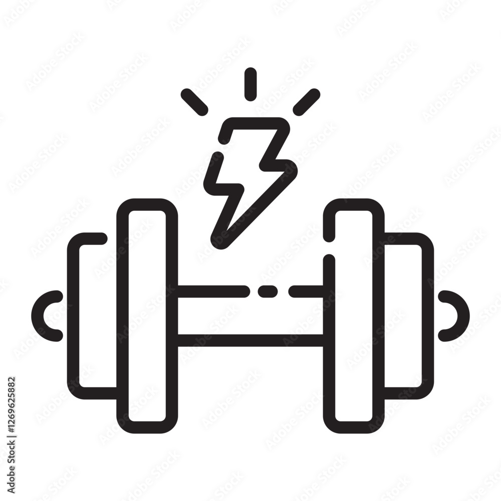 Dumbbell with Energy Symbol Icon, Fitness and Strength Training Concept, Black and White Outline Illustration Isolated on White Background Dumbbell with Energy Symbol Icon, Fitness and Strength Training Concept, Black and White Outline Illustration Isolated on White Background
