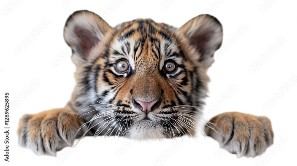 Obraz premium Baby Tiger Cub Closeup Portrait, Cute Wildcat with Big Eyes and Soft Fur, isolated on transparent background.