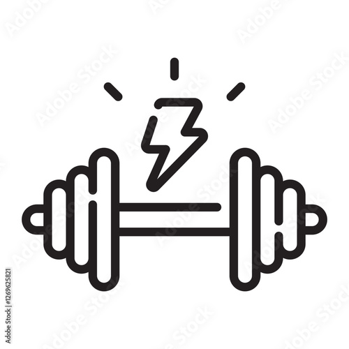 Dumbbell with Energy Symbol Icon, Fitness and Strength Training Concept, Black and White Outline Illustration Isolated on White Background
